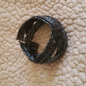 Blue Black Beaded Open Cuff Bracelet